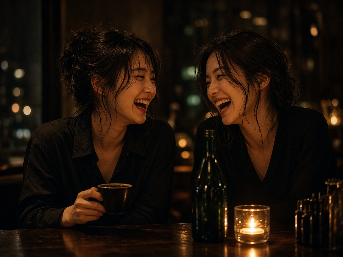 Two friends laughing over coffee in a warmly lit evening café