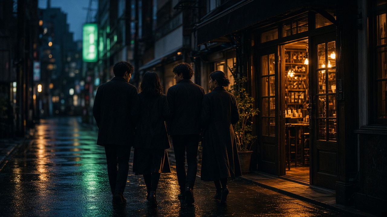 Friends walking a rain-slick Tokyo side street at night toward warm café light